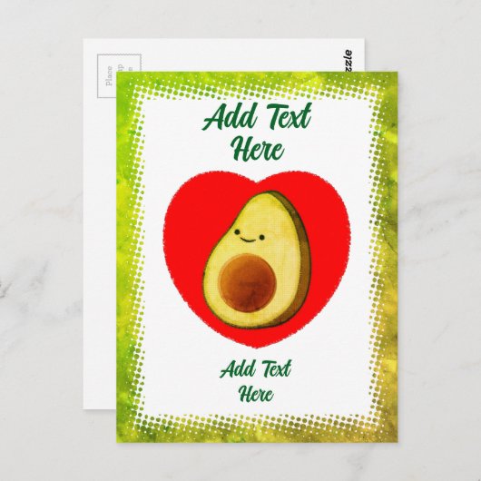 Niedlicher grüner Avocado-Cartoon in Rotem Herzen  Postkarte (Vorne/Hinten)
