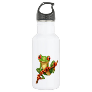 Niedlicher grüner Baum-Frosch auf einer Edelstahlflasche