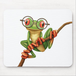 Niedlicher grüner Baum-Frosch mit Augen-Gläsern Mousepad