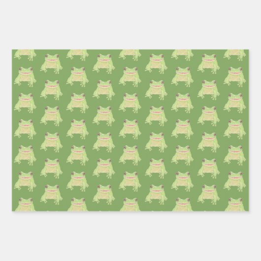 Niedlicher Grüner Baumfrosch - 3x transp Muster. Geschenkpapier Set (Vorderseite)