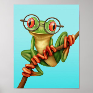 Niedlicher Grüner Baumfrosch mit Augenbrille auf b Poster