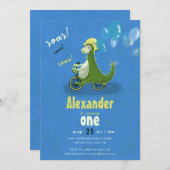 Niedlicher grüner Dinosaurier auf der Trike Boy Bi Einladung (Vorne/Hinten)