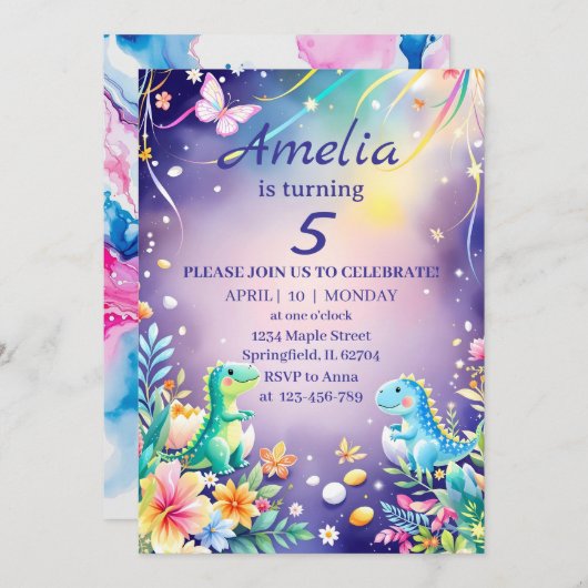 Niedlicher grüner Dinosaurier mit blauem Motiv Einladung (Vorne/Hinten)