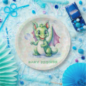 Niedlicher Grüner Drache mit Blasen Babydusche Pappteller (Party)