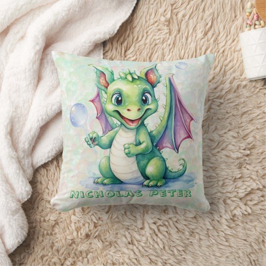Niedlicher Grüner Drache mit Blasen Junge Geschenk Kissen (Decke)