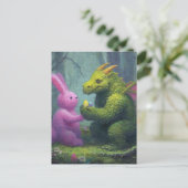 Niedlicher Grüner Drache und Osterhase Postkarte (Stehend Vorderseite)