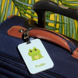 Niedlicher grüner Frosch auf blau Gepäckanhänger