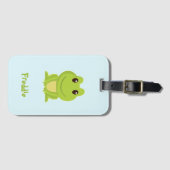 Niedlicher grüner Frosch auf blau Gepäckanhänger (Vorderseite (Horizontal))