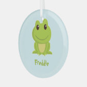 Niedlicher grüner Frosch auf blau Ornament Aus Glas (Vorderseite links)