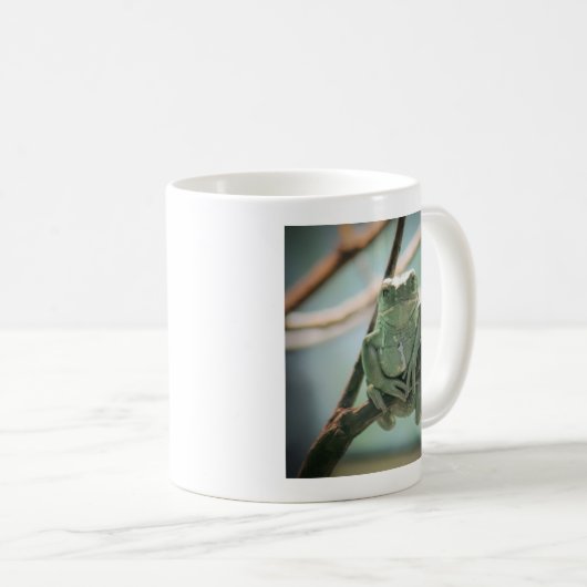 Niedlicher grüner Frosch auf einer Zweigniederlass Kaffeetasse (VorderseiteRechts)