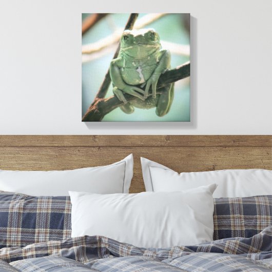 Niedlicher grüner Frosch auf einer Zweigniederlass Leinwanddruck (Insitu (Schlafzimmer))