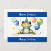 Niedlicher Grüner Frosch mit Ballons Glücklich Geb Postkarte (Vorne/Hinten)