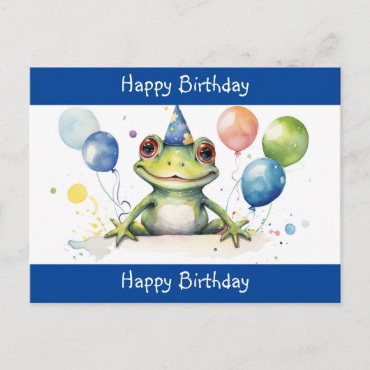 Niedlicher Grüner Frosch mit Ballons Glücklich Geb Postkarte (Vorderseite)