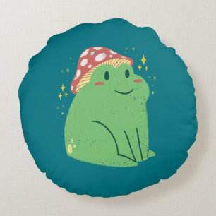 Niedlicher Grüner Frosch mit Mushroom-Hut Rundes Kissen