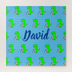 Niedlicher grüner Fußball-Dino T-Rex auf blau Puzzle