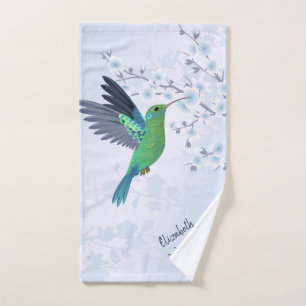 Niedlicher grüner Hummingbird Cherry Blossom Name Handtuch