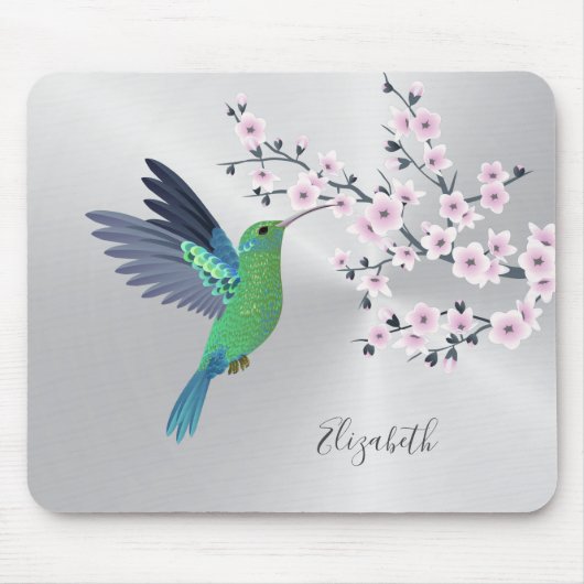 Niedlicher grüner Hummingbird Cherry Blossom Name Mousepad (Vorne)