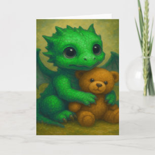 Niedlicher, grüner, Mit Augen Babydrache mit Teddy Karte