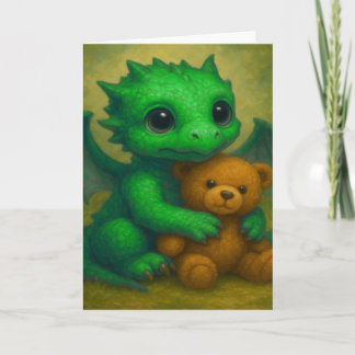 Niedlicher, grüner, Mit Augen Babydrache mit Teddy Karte