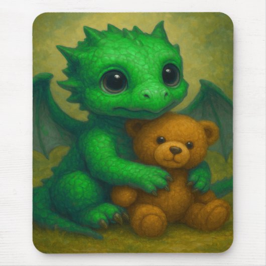 Niedlicher, grüner, Mit Augen Babydrache mit Teddy Mousepad (Vorne)