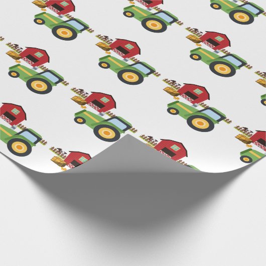 Niedlicher grüner Traktor und rote Scheune Geschenkpapier (Ecke)