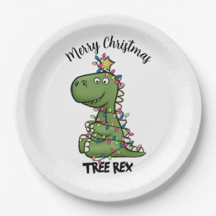 Niedlicher Grüner Tree Rex Dino Lights Frohe Weihn Pappteller