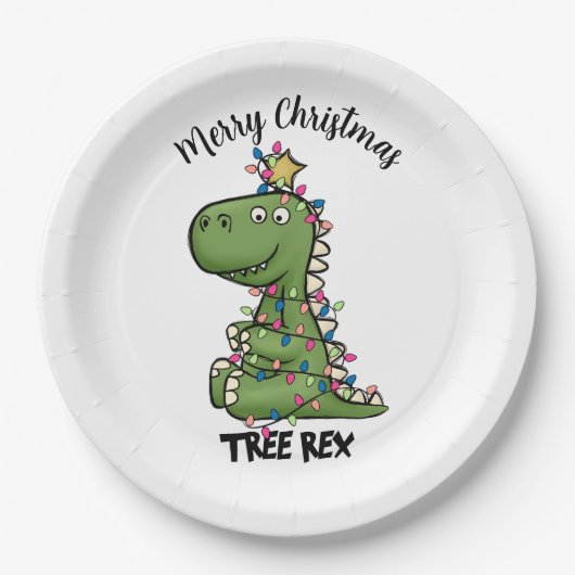 Niedlicher Grüner Tree Rex Dino Lights Frohe Weihn Pappteller (Vorderseite)