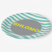 Niedlicher, grüner und gelber Raster Pappteller (Schrägansicht)