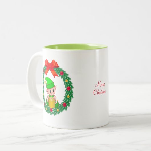 Niedlicher grüner Weihnachtself und Weihnachtskran Zweifarbige Tasse (Vorderseite Links)