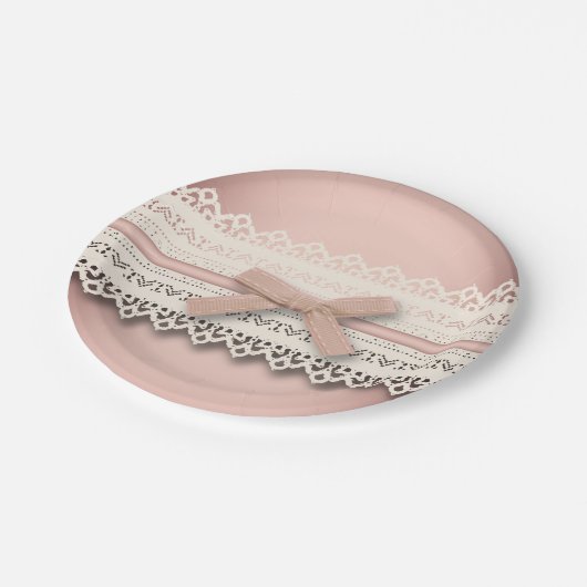 niedlicher gürteliger weißer Spitzen staubiger Ros Pappteller (Schrägansicht)