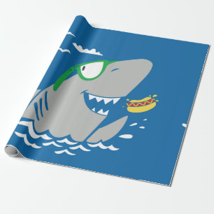 Niedlicher Hai-Cartoon Vintag einen Hot Dog auf bl Geschenkpapier