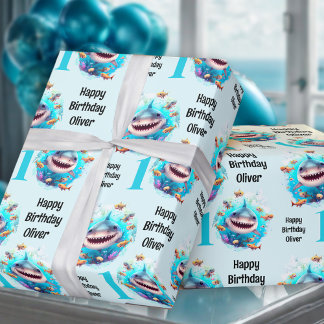 Niedlicher Hai Junge 1. Geburtstag Umschlagpapier Geschenkpapier