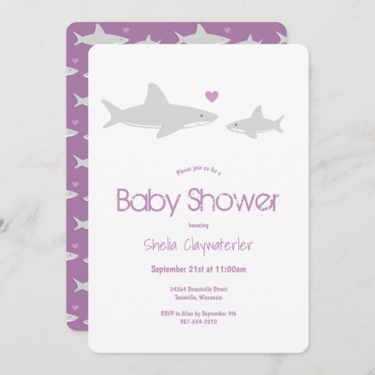 Niedlicher Hai Lila Baby Dusche Einladung (Vorne/Hinten)