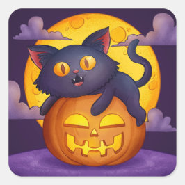 Niedlicher Halloween Black Cat Pumpkin und Mond Quadratischer Aufkleber