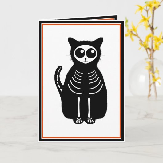 Niedlicher Halloween Cartoon Cat Skeleton Karte (Gelbe Blume)