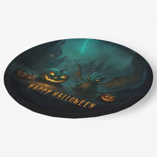 Niedlicher Halloween-Drache mit Beängstigenden Pum Pappteller (Schrägansicht)