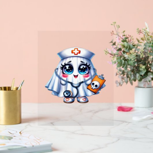 Niedlicher Halloween-Geist in einer Krankenschwest Acrylschild (Hochzeit)