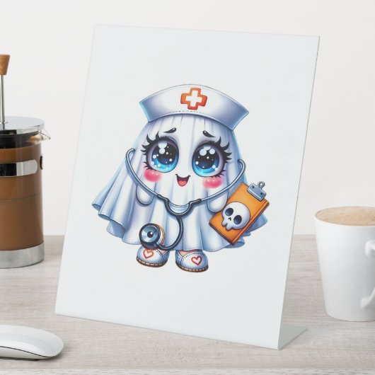 Niedlicher Halloween-Geist in einer Krankenschwest Sockelschild (In Situ)