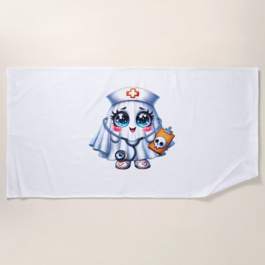 Niedlicher Halloween-Geist in einer Krankenschwest Strandtuch (Vorderseite)