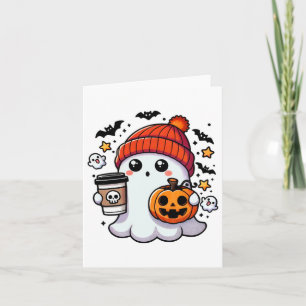 Niedlicher Halloween-Geist mit Kürbis und Kaffee Karte