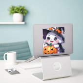 Niedlicher Halloween-Geist mit Pumpkin Aufkleber (Laptop auf Schreibtisch)