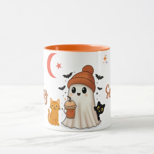 Niedlicher Halloween-Geist mit Pumpkin-Gewürzkaffe Tasse (Zentrum)