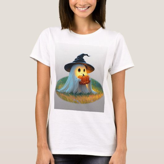Niedlicher Halloween-Geist mit Pumpkin T-Shirt (Vorderseite)