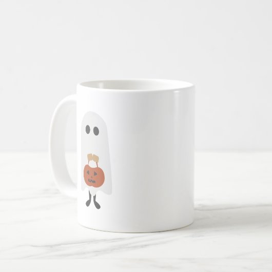 Niedlicher Halloween-Geist mit Pumpkin-Trick oder Kaffeetasse (Vorderseite Links)
