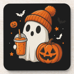 Niedlicher Halloween-Geist mit Pumpkin und Drink Getränkeuntersetzer