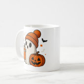 Niedlicher Halloween-Geist mit Pumpkin und Drink Kaffeetasse (Vorderseite Links)