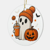 Niedlicher Halloween-Geist mit Pumpkin und Drink Keramik Ornament (Links)