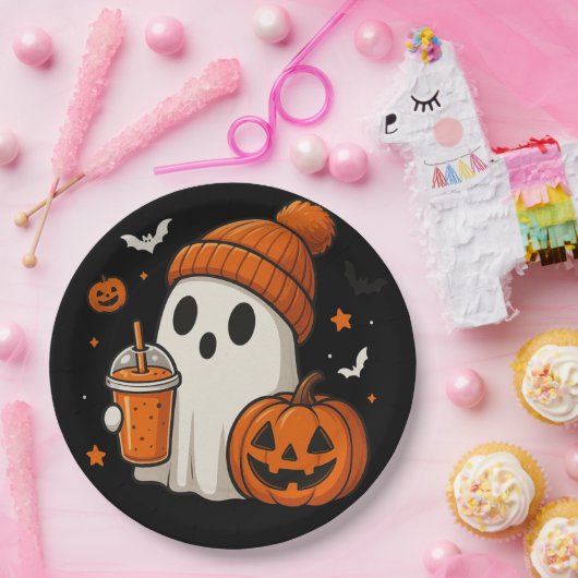 Niedlicher Halloween-Geist mit Pumpkin und Drink Pappteller (Party)