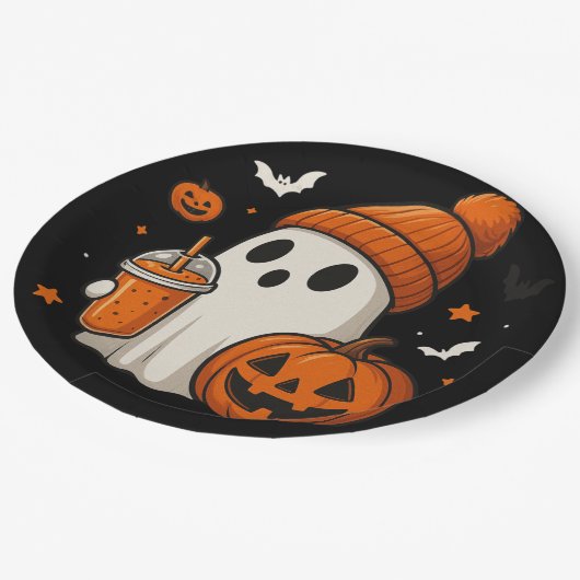 Niedlicher Halloween-Geist mit Pumpkin und Drink Pappteller (Schrägansicht)