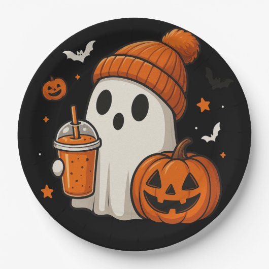 Niedlicher Halloween-Geist mit Pumpkin und Drink Pappteller (Vorderseite)